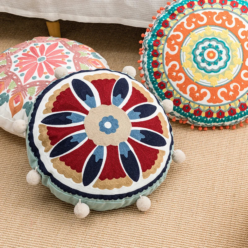 Afralia™ Round Embroidered Tassel Pillow Cover | Boho National Style Decorative Cushion Case