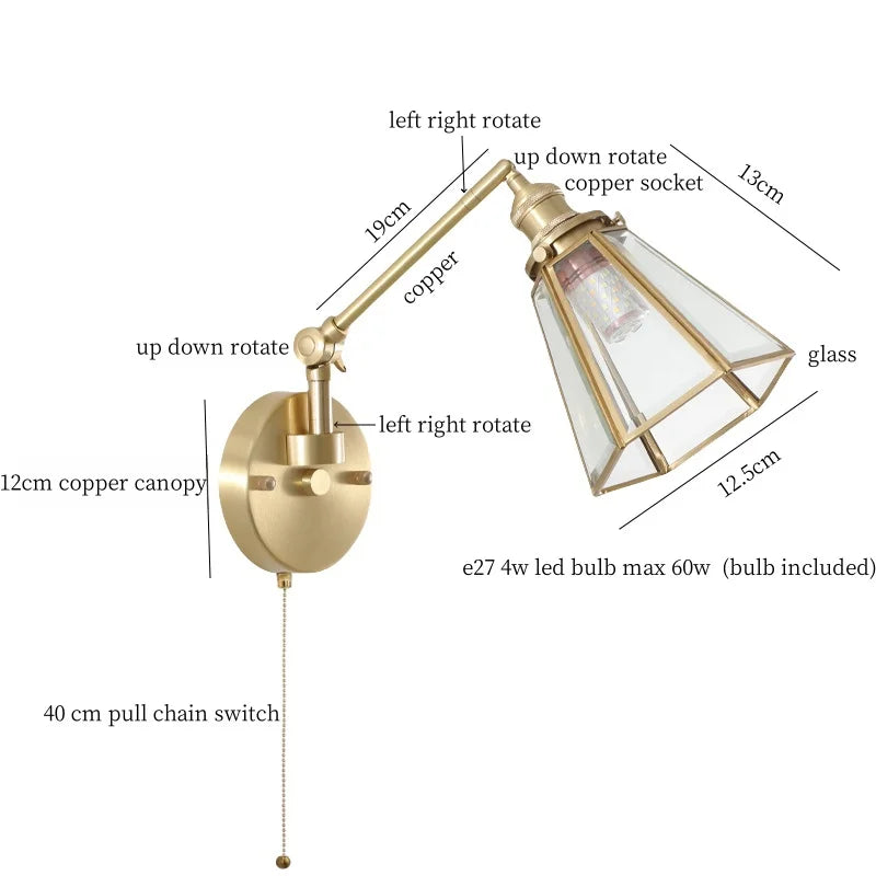 Afralia™ Vintage Brass Glass LED Wall Light with Pull Chain, Left Right Rotate Mirror Design