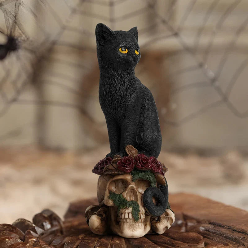 Afralia™ Resin Skull Crow Black Cat Sculpture | Creative Desktop Home Office Decor