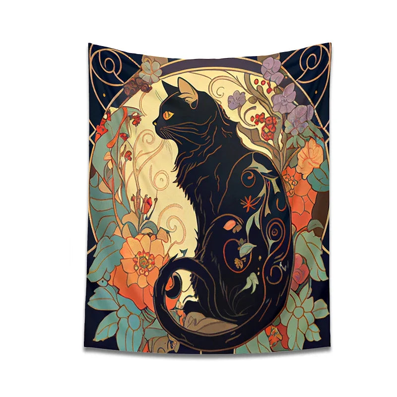 Afralia™ Black Cat Tapestry Wall Hanging - Psychedelic Floral Art for Cat Lovers