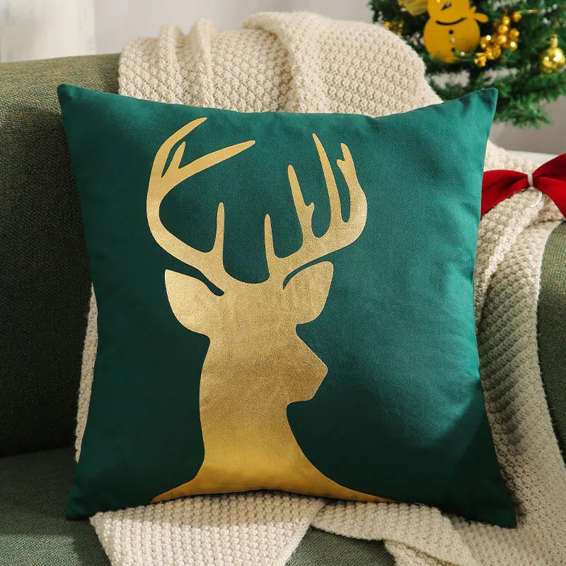 Afralia™ Christmas Elk Embroidered Cushion Cover | Gold & Silver Stamped Holiday Decor