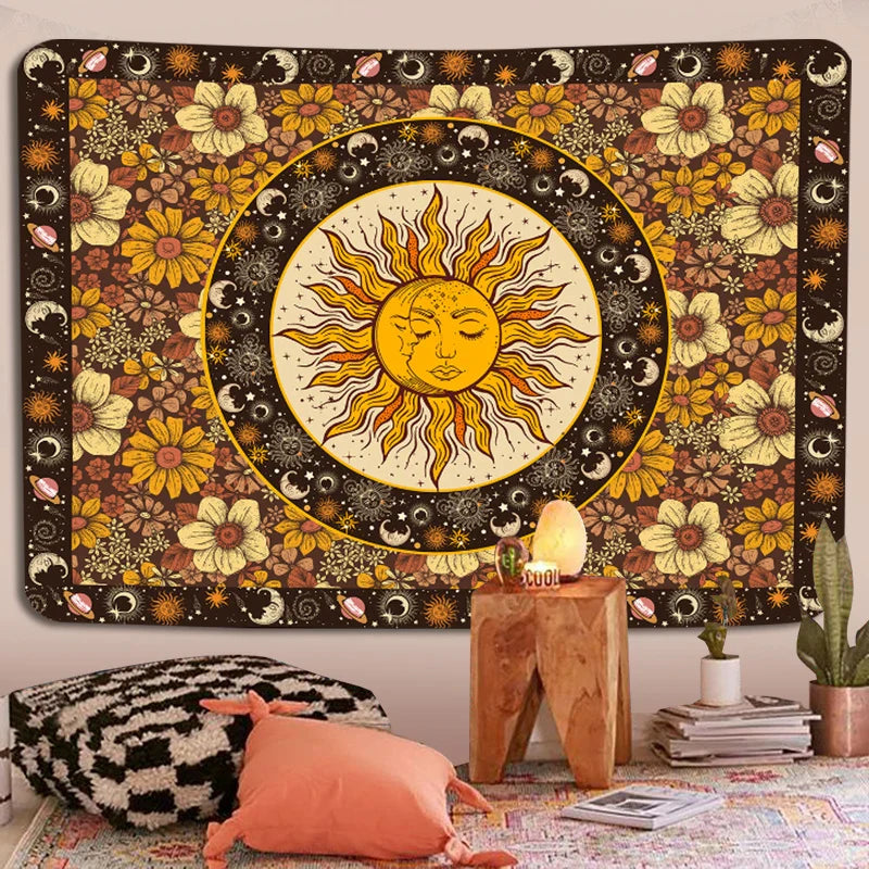 Sun Moon Tapestry Vintage Boho Wall Hanging by Afralia™ with Sunflowers Moth Constellation Aesthetic