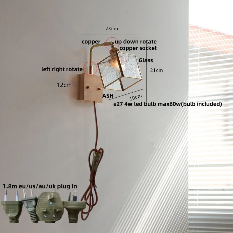 Afralia™ Walnut LED Wall Sconce, Vintage Glass Cube Stair Light Fixture