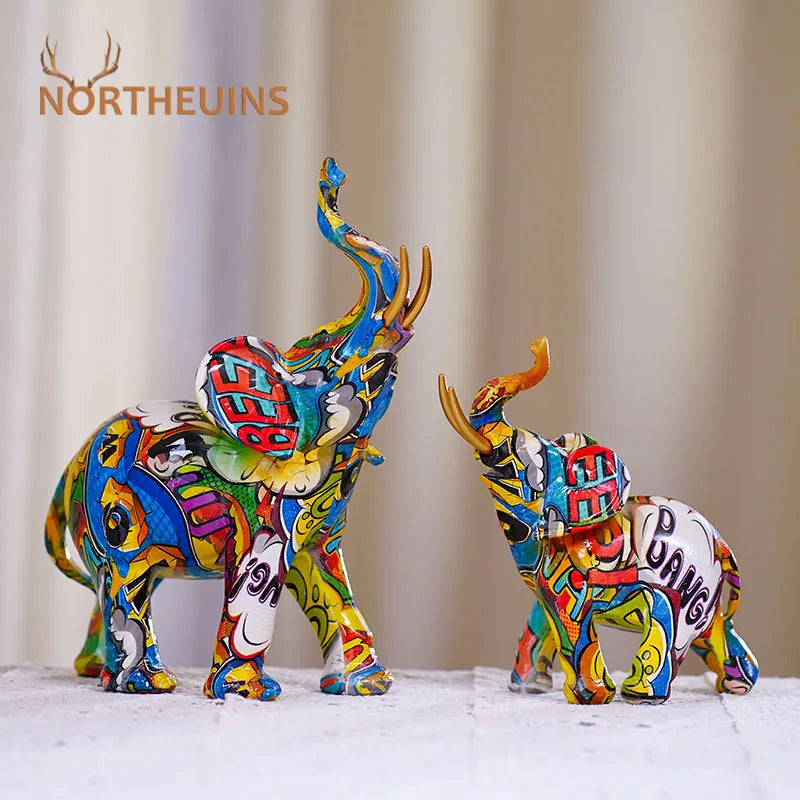 Afralia™ Elephant Resin Figurine: Graffiti Animal Statue for Home Feng Shui Decor