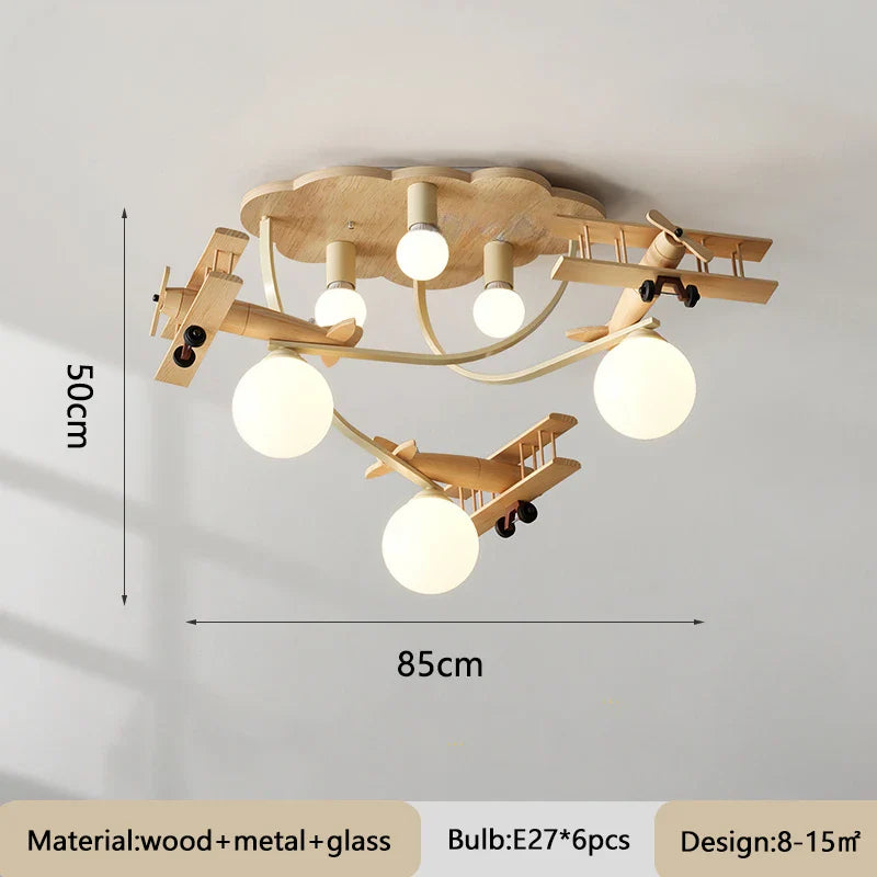 Afralia™ Airplane LED Wooden Plane Chandelier for Kids Room, Boys Bedroom, Creative Lighting