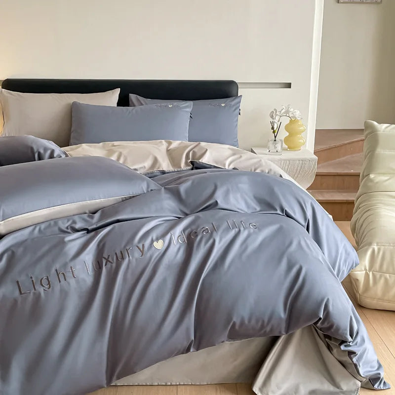 Afralia™ Pure Cotton Embroidered Bed Sets Solid Color Fitted Sheet Kit, Cozy Comforter Sets