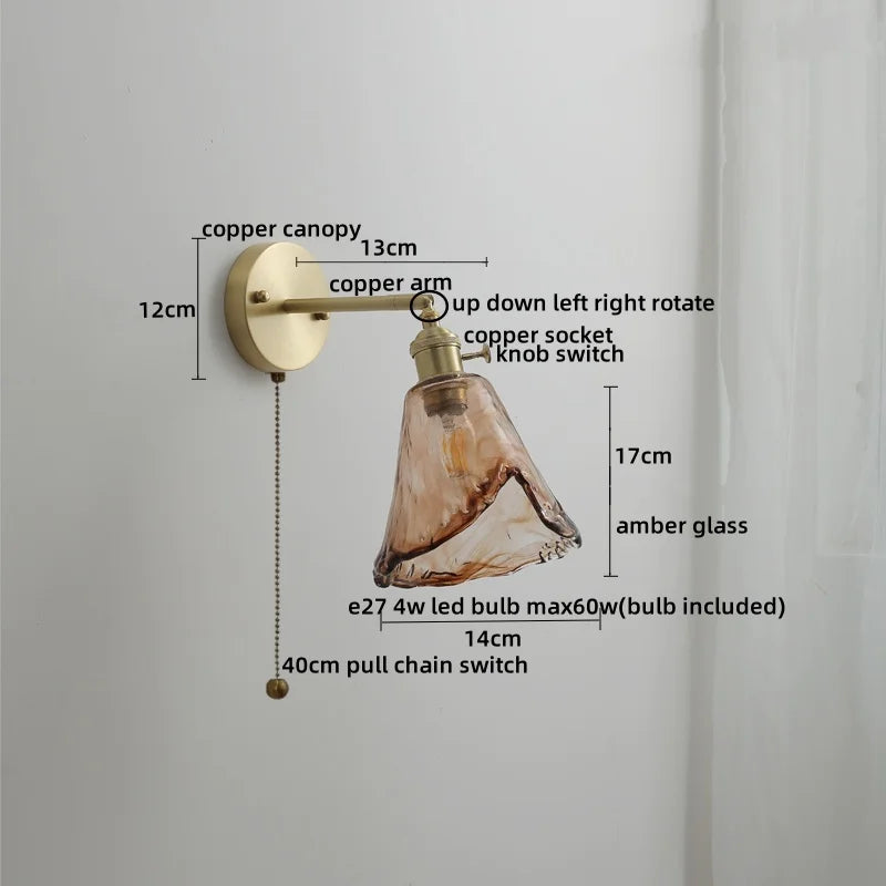 Afralia™ Glass Copper LED Wall Lamp with Knob Switch for Modern Home Decor