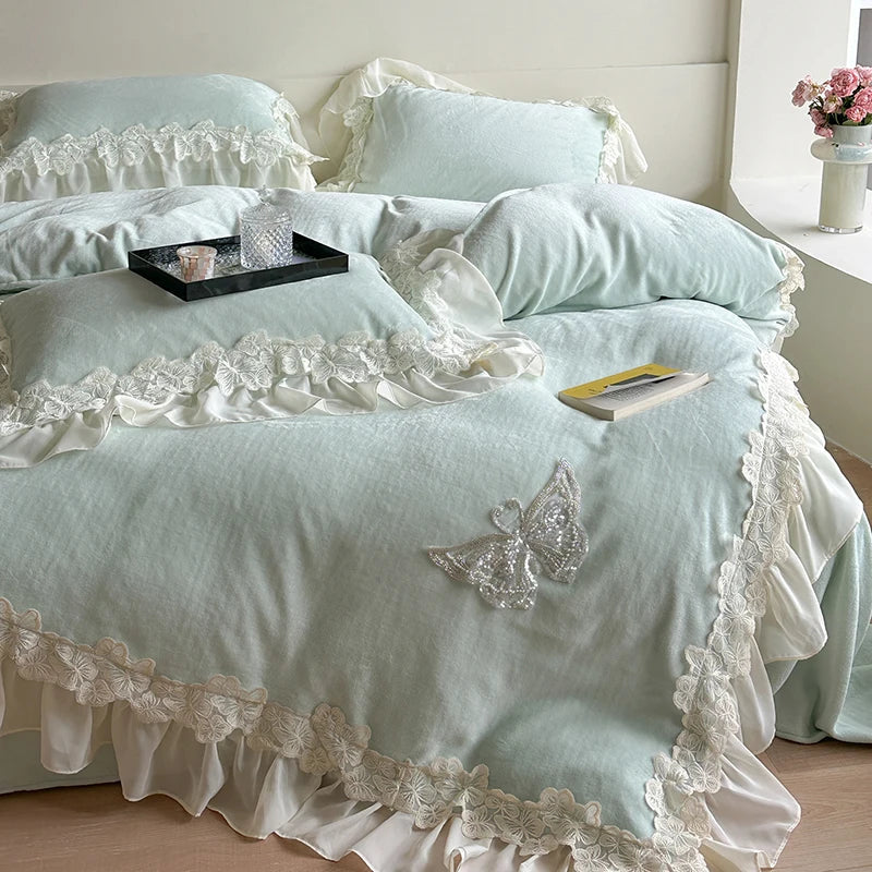 Afralia™ Velvet Fleece Bedding Set with Butterfly Embroidery and French Hollow Lace