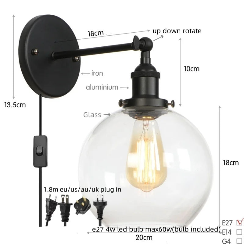 Afralia™ Glass Globe LED Wall Sconce Modern Industrial Rustic Vintage Bedside Lamp
