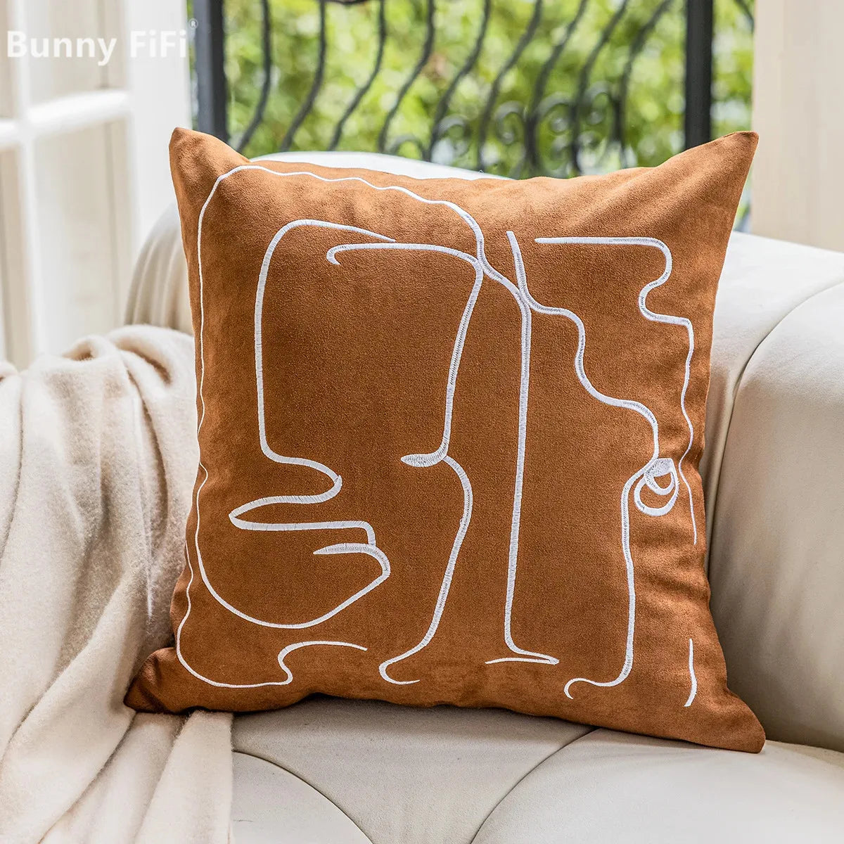 Afralia™ Brown Geometric Embroidery Plush Cushion Cover, Nordic Luxury Home Decor Pillow Case