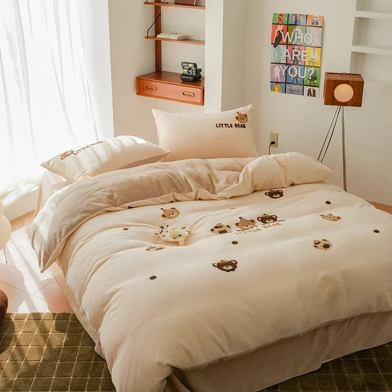 Afralia™ Embroidered Fleece Winter Bedding Set: Duvet Cover, Sheet, Quilt, Pillowcases