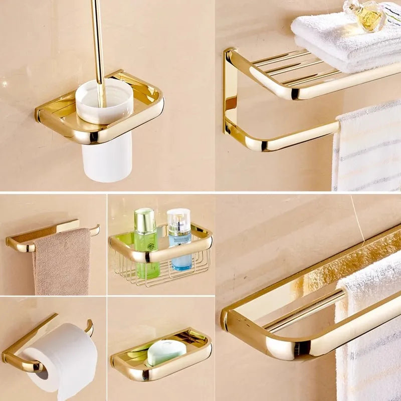 Afralia™ Gold Brass Bathroom Hardware Set: Paper Holder, Towel Bar, Soap Basket, Towel Rack