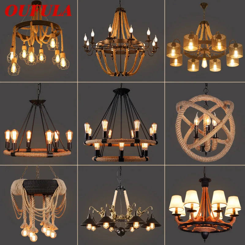 Afralia™ Retro Hemp Rope Chandelier: Industrial Style for Cafes, Restaurants, and Shops