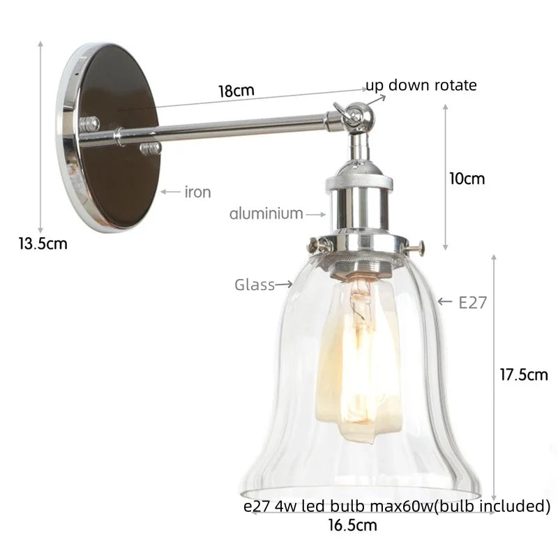 Afralia™ Vintage LED Wall Sconce Pull Chain Switch Glass Country Mirror Light