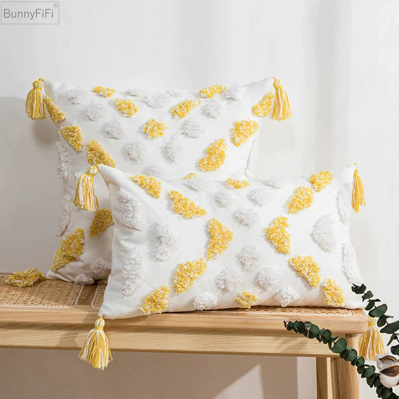 Afralia™ Boho Style Tufted Tassels Yellow Cushion Cover for Home Decor