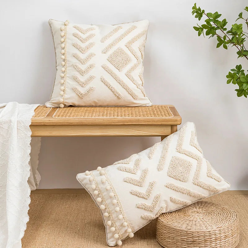 Afralia™ Geometric Tufted Cotton Canvas Embroidered Pillow Covers for Home Decor