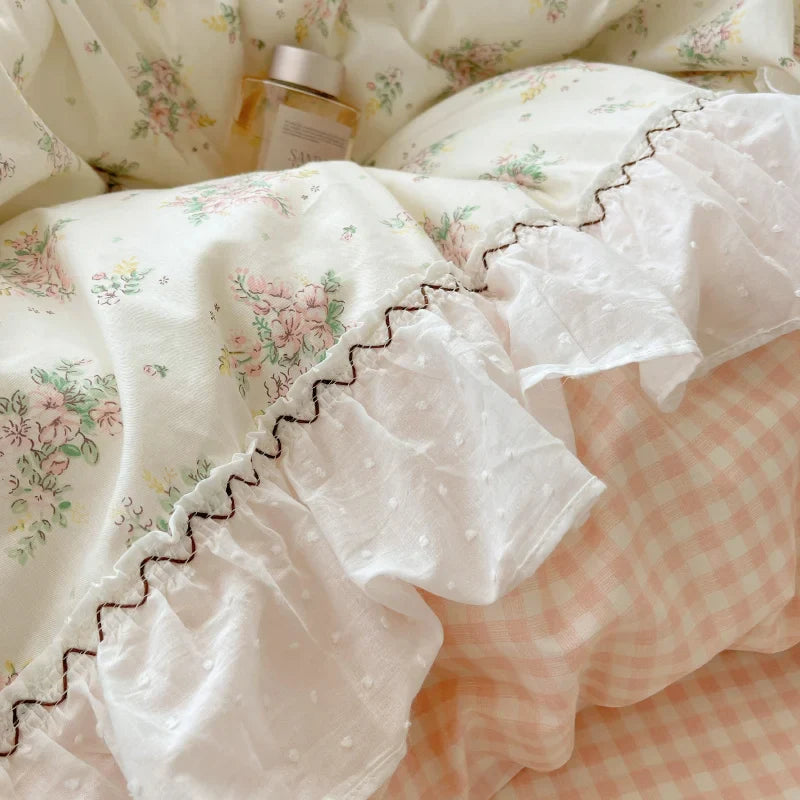 Afralia™ Cotton Small Florals Princess Bedding Set - Queen Size - Duver Cover Bed Sheet Bed Skirt Pillowcases