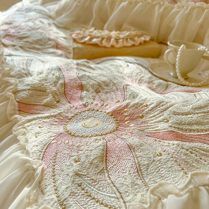 Afralia™ French Princess Wedding Bedding Set, Lace Ruffles, Flowers Embroidery.