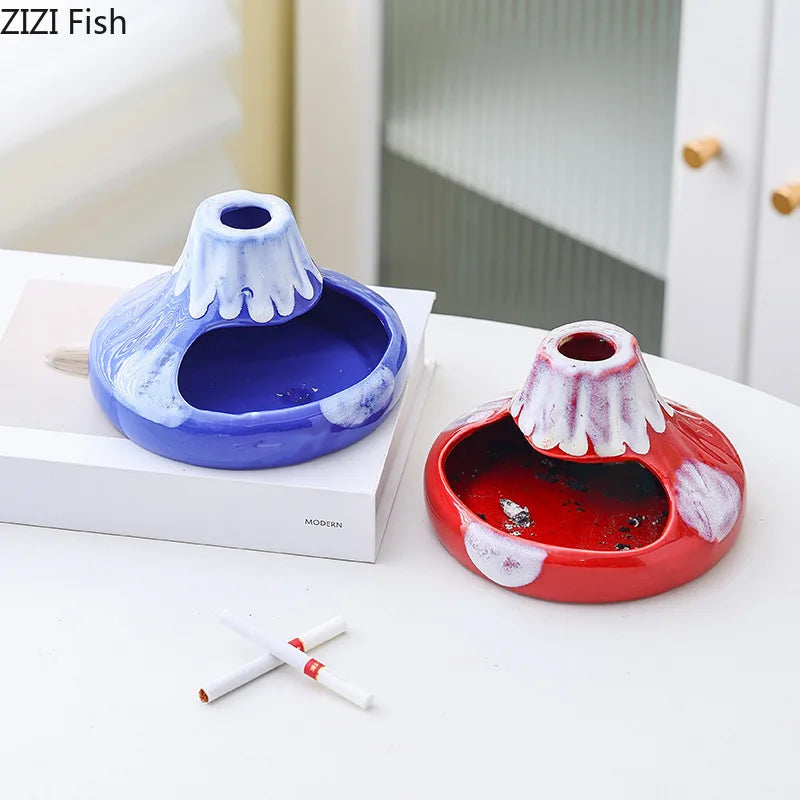 Afralia™ Cartoon Volcanic Ceramic Ashtray with Lid Desk Decoration Windproof Ashtray