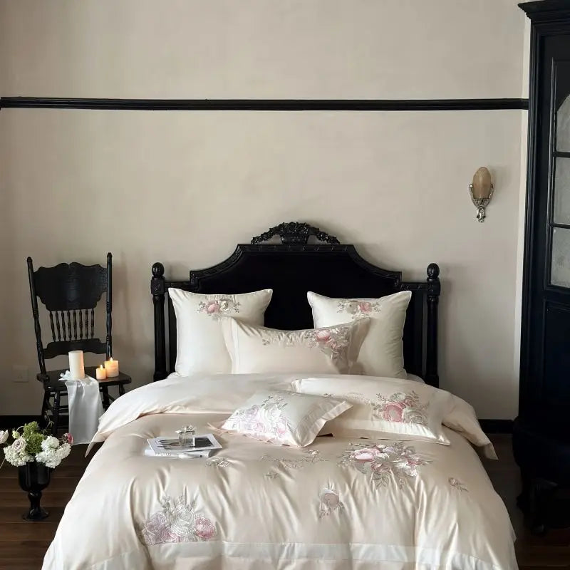 Afralia™ 4-Pc Flowers Embroidery Bedding Set 1000TC Egyptian Cotton Duvet Cover Sheets