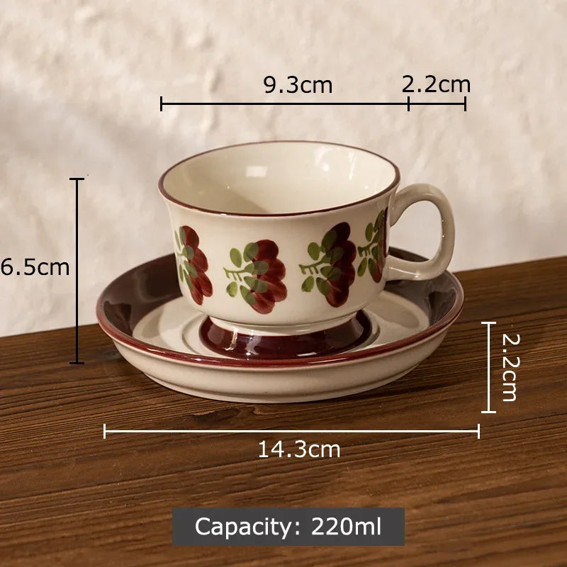 Afralia™ Ink Flowers Ceramic Cup & Saucer Set - Gold-plated Coffee Mug for Dining Table
