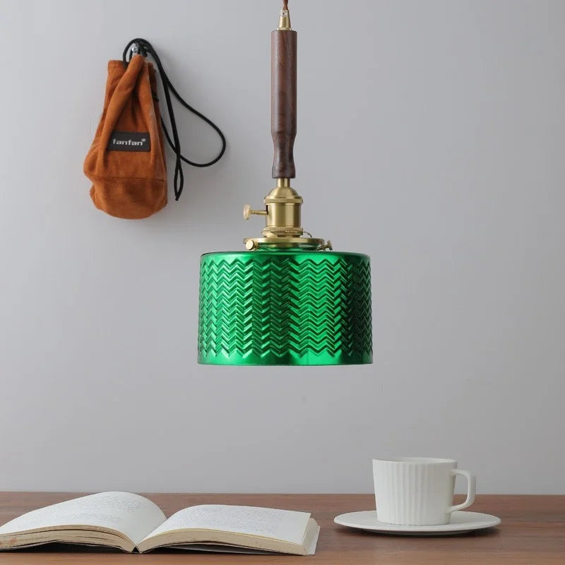 Afralia™ Green Glass LED Pendent Lamps, Walnut Copper Modern Hanging Light Fixtures