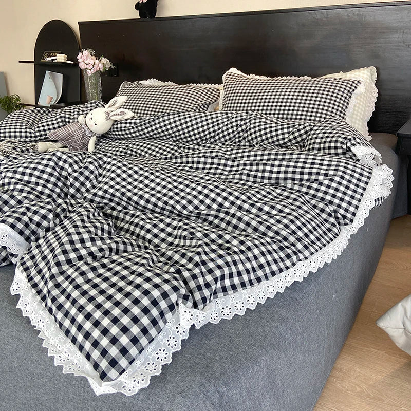 Afralia™ Vintage Lace Cotton Quilt Cover Set, Plaid Design, Black & White, 4Pcs