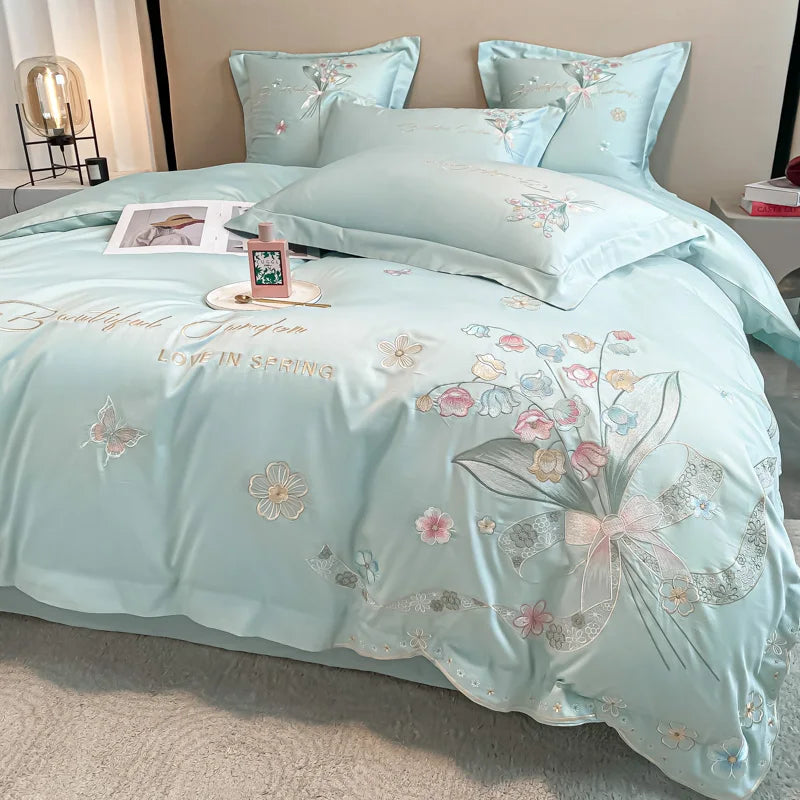 Afralia™ Chic Flowers Embroidery Princess Bedding Set - 100% Egyptian Cotton - Duvet Cover, Sheet, Pillowcases
