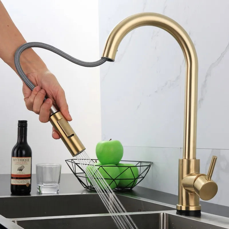 Afralia™ Brushed Gold Pull Out Kitchen Faucet Luxury Black Sink Tap Kitchen Mixer