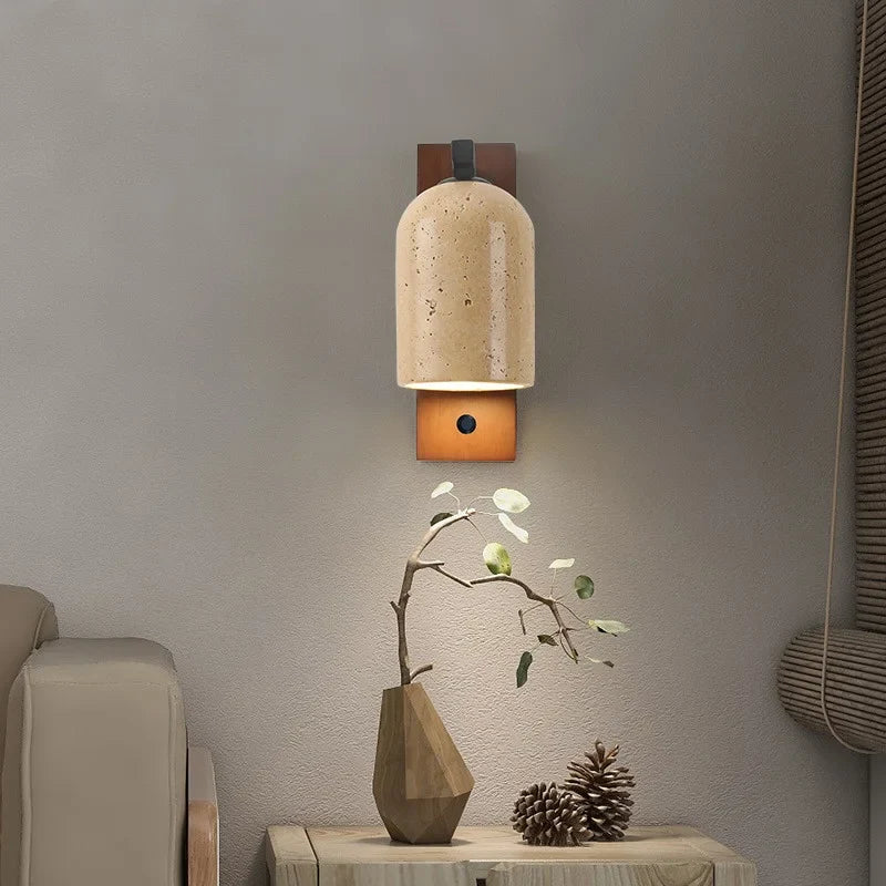 Afralia™ Wooden Canopy LED Wall Lights Modern Yellow Stone Bedside Lamp