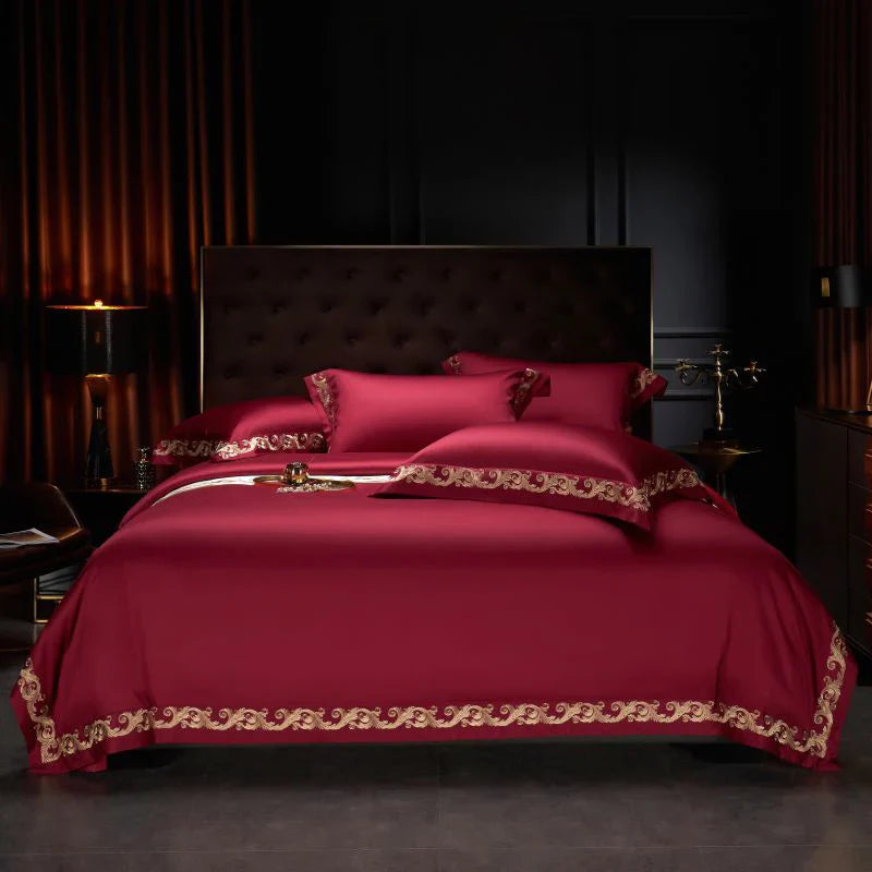 Afralia™ Luxe Gold Embroidery 1400TC Egyptian Cotton Queen King Bedding Set