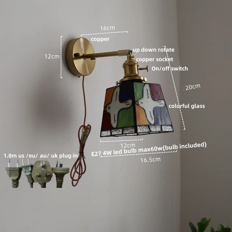 Afralia™ Peace Pigeon Rotatable Wall Lamp - Colorful Tiffany Style Glass, Pull Chain Switch