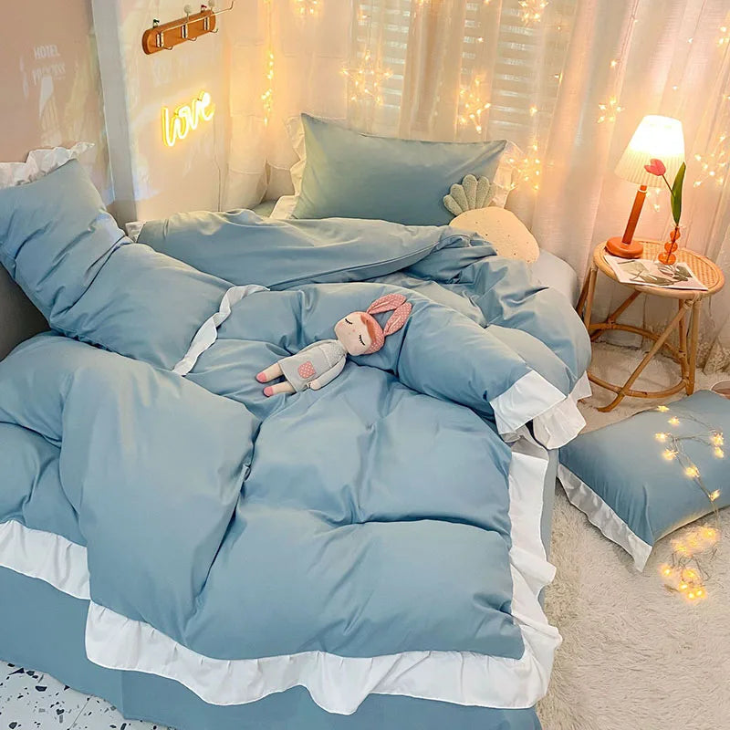 Afralia™ Pure Cotton Ruffle Edge Bedding Set in Solid Color, All Seasons, Single Queen Bed