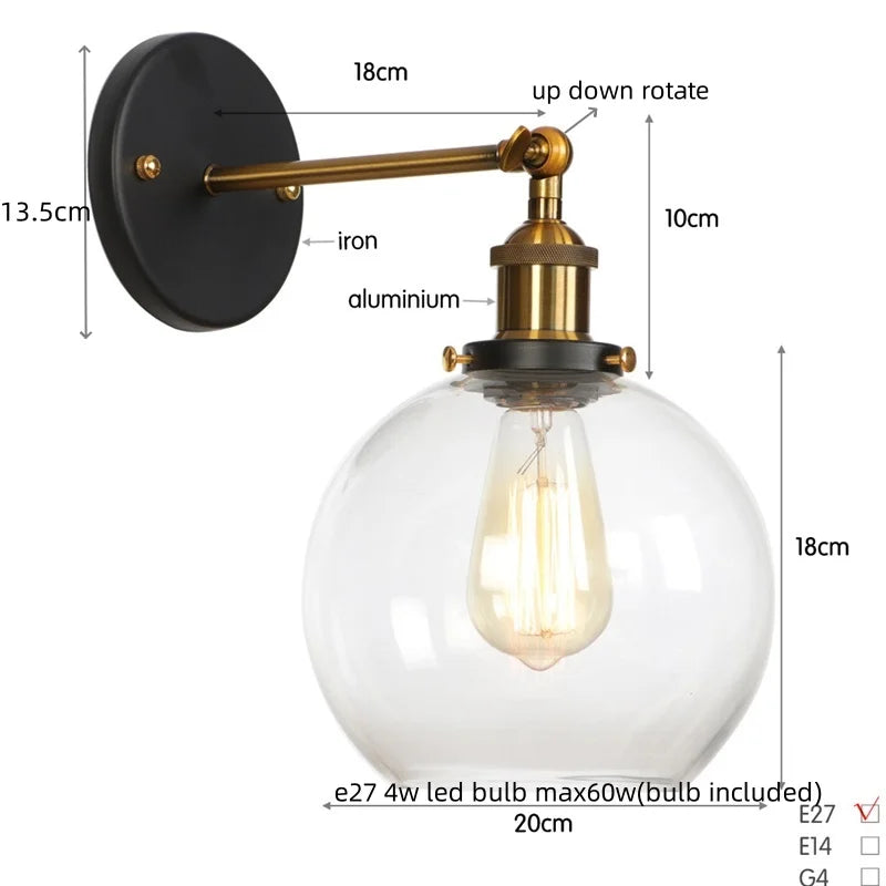 Afralia™ Vintage Glass LED Wall Sconce Iron Pull Chain Switch Light