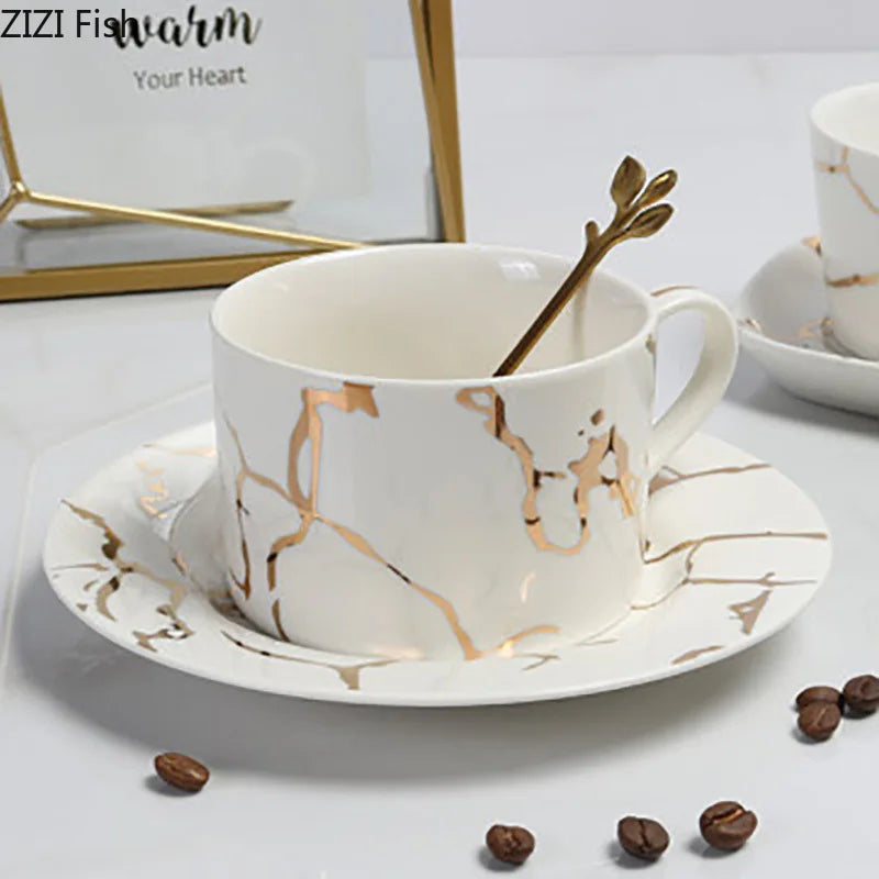 Afralia™ Gilded Marble Texture Ceramic Cup & Saucer Set for Dining Table Tea & Coffee