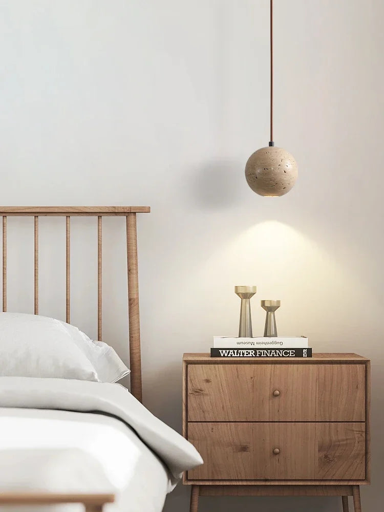 Afralia™ Small Round LED Pendant Stone Yellow Travertine Chandelier - Minimalism Hanging Line Lighting