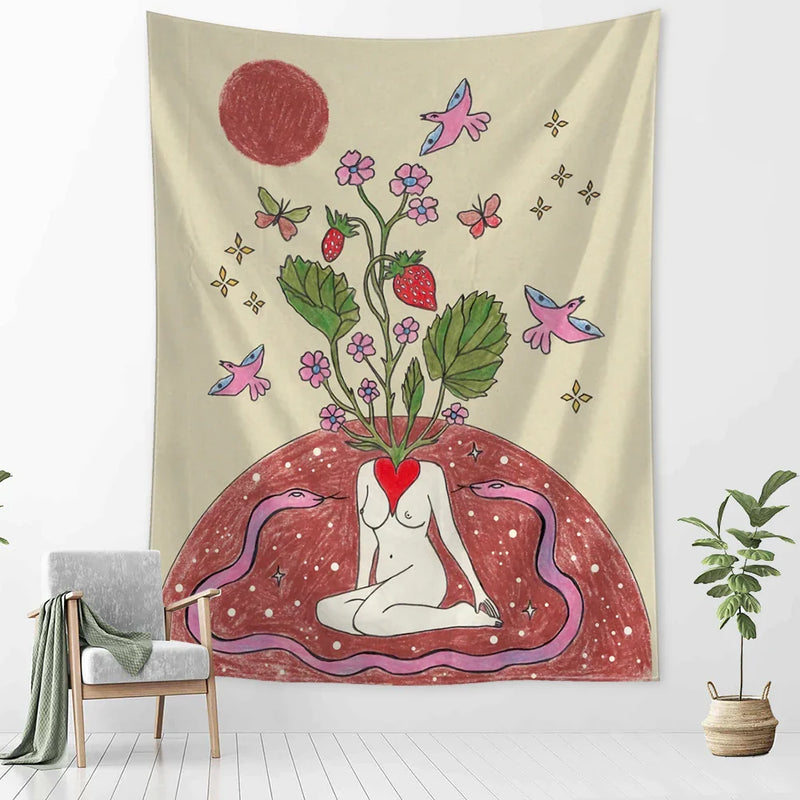 Afralia™ Botanical Girl Tarot Astrology Tapestry Wall Hanging for Boho Wicca Aesthetic Decor