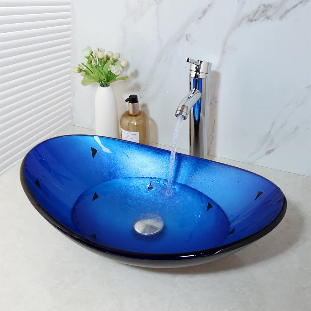 Afralia™ Hand-Painted Glass Sink Basin Vanity Set with ORB Faucets