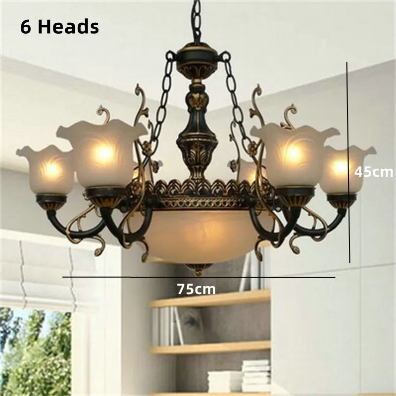 Afralia™ Classic Wrought Iron Chandelier with Glass Lampshade for Home Decor Lighting