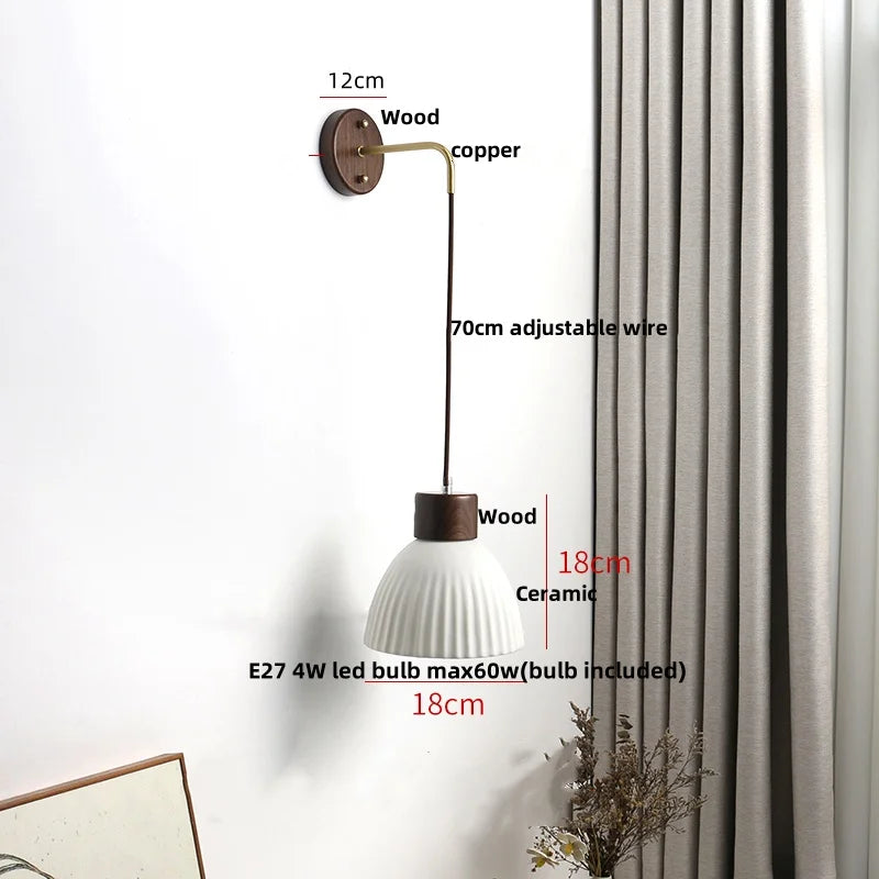 Afralia™ Nordic LED Wall Sconce Pull Chain Switch Ceramic Wood Mirror Light