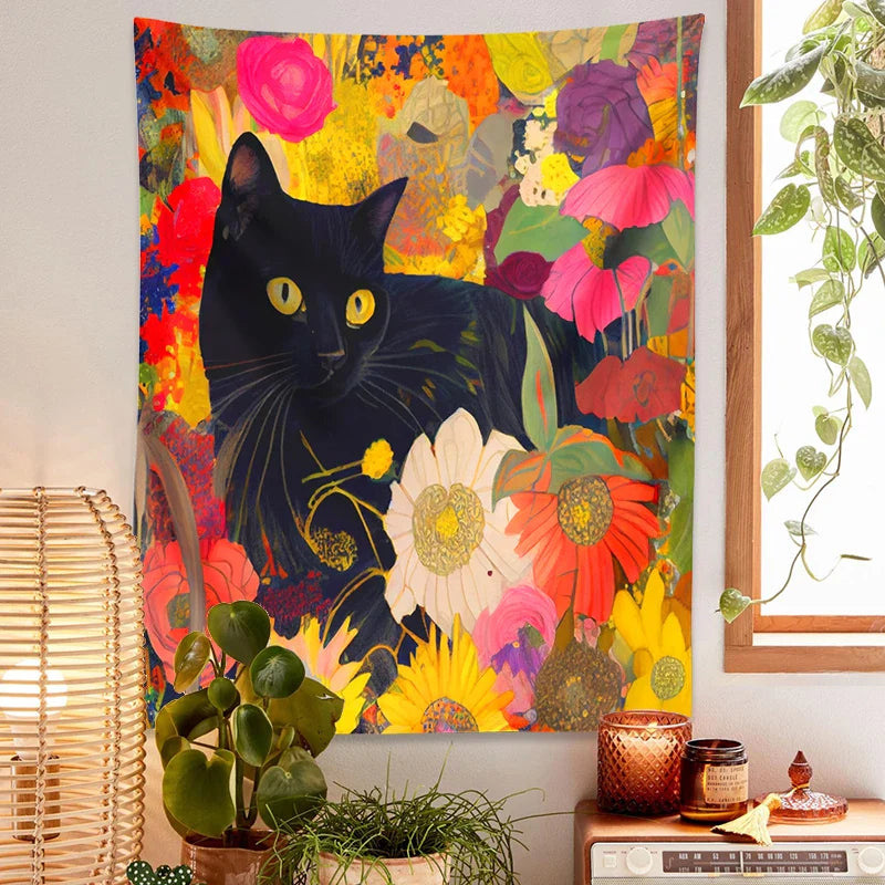 Afralia™ Cat Print Poster: Funny Black Cat in Floral Bouquet - Boho Home Decor