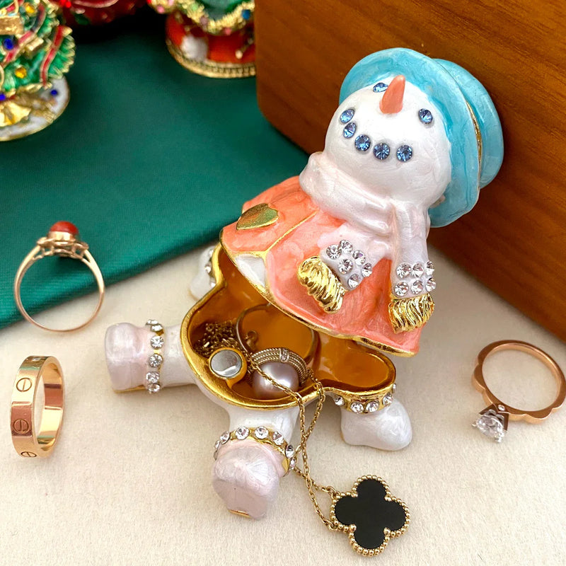 Afralia™ Metal Snowman Trinket Box Hand Painted Crystal Figurine Christmas Home Decor Gift