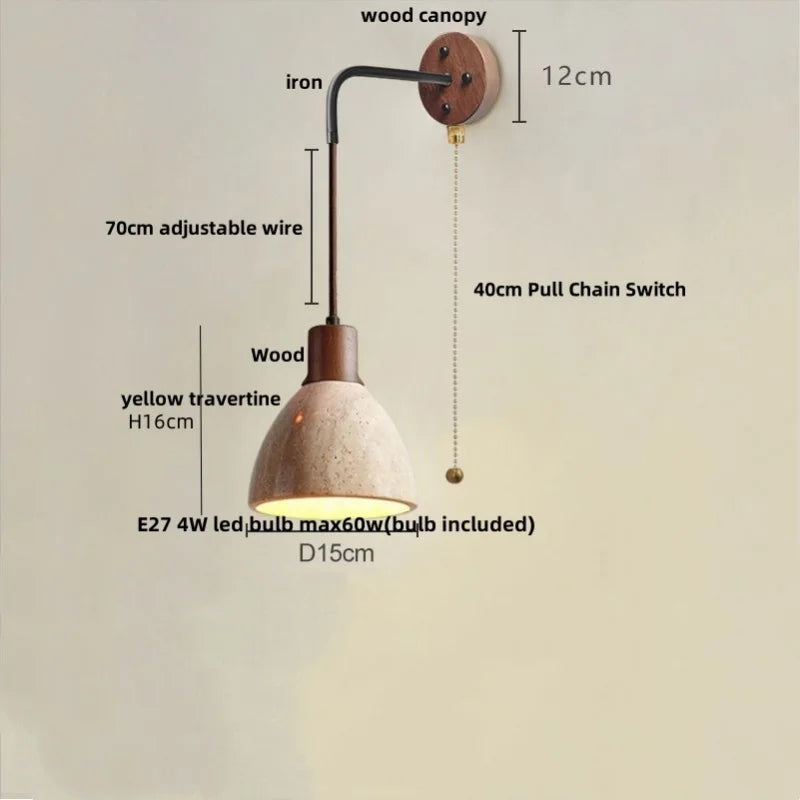 Afralia™ Yellow Travertine LED Wall Sconce Pull Chain Switch, Nordic Modern Wood Mirror Light