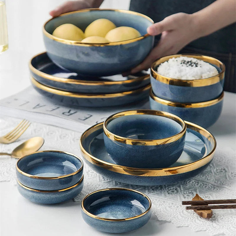 Afralia™ Blue Gradient Ceramic Plate Set - Elegant Dinner & Dessert Plates, Salad Soup Bowl - Luxury Tableware