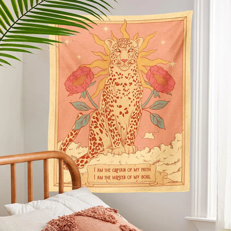 Bohemian Sun Tapestry Wall Hanging by Afralia™ - Tiger Floral Tarot Moon Aesthetic