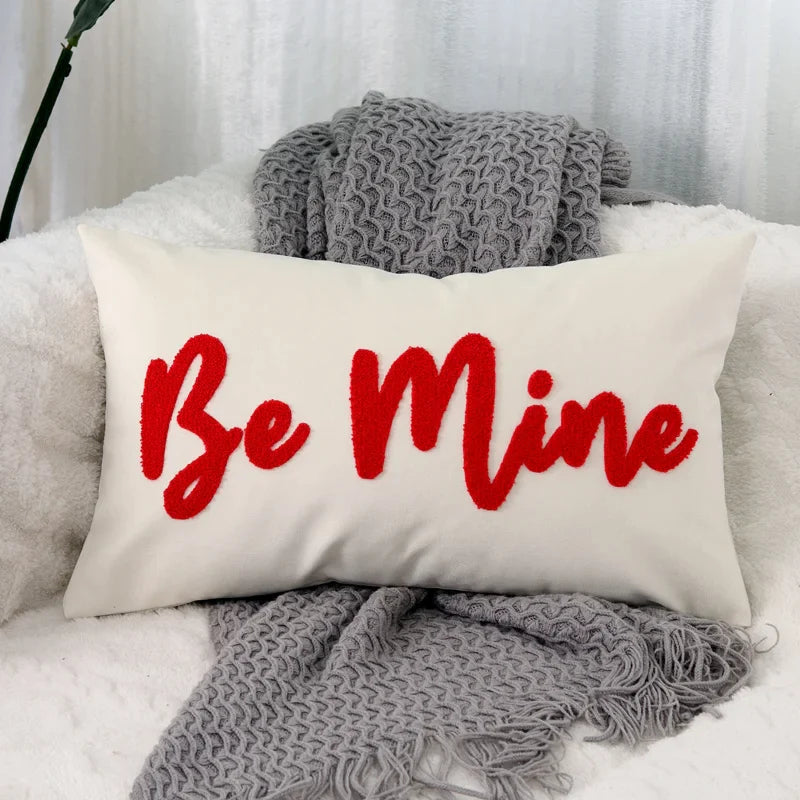 Afralia™ Velvet Embroidery Love Heart Cushion Cover - Romantic Soft Red White Pillow Cover