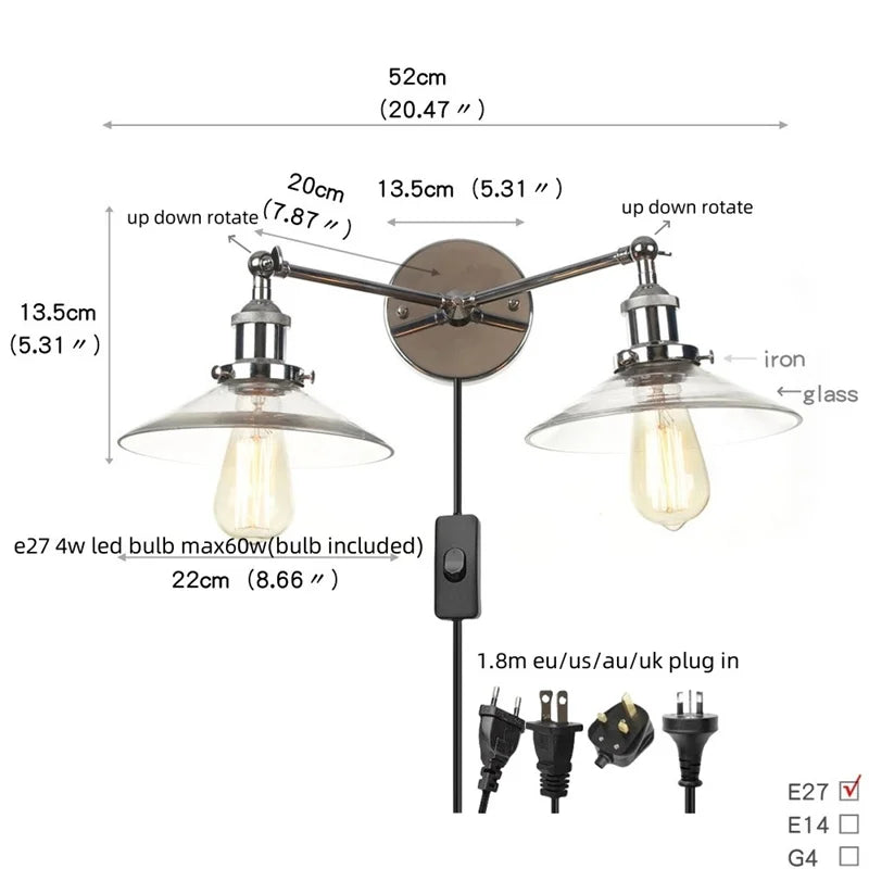 Afralia™ Glass 2-Light Wall Sconce with Pull Chain Switch for Bedroom and Bathroom
