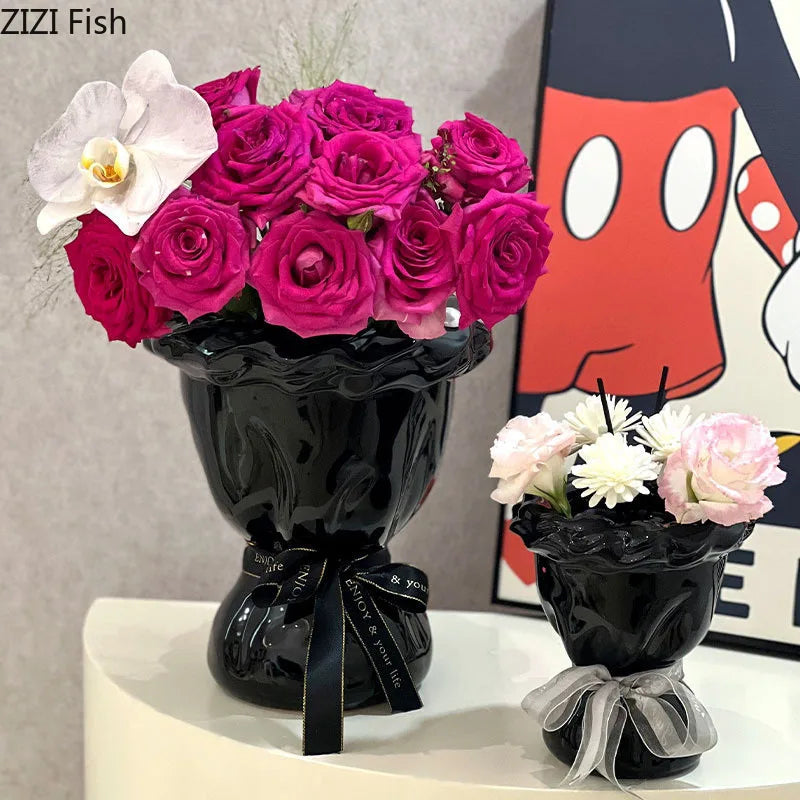 Afralia™ Ceramic Vase with Artificial Flowers Bouquet for Desk and Room Decoration