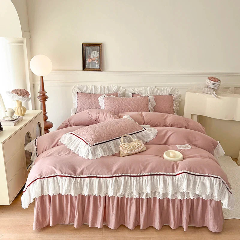 Afralia™ Lace Ruffles Bedding Set: 4pcs Solid Color Princess Quilt Cover, Bed Skirt, 100% Cotton Pillowcase