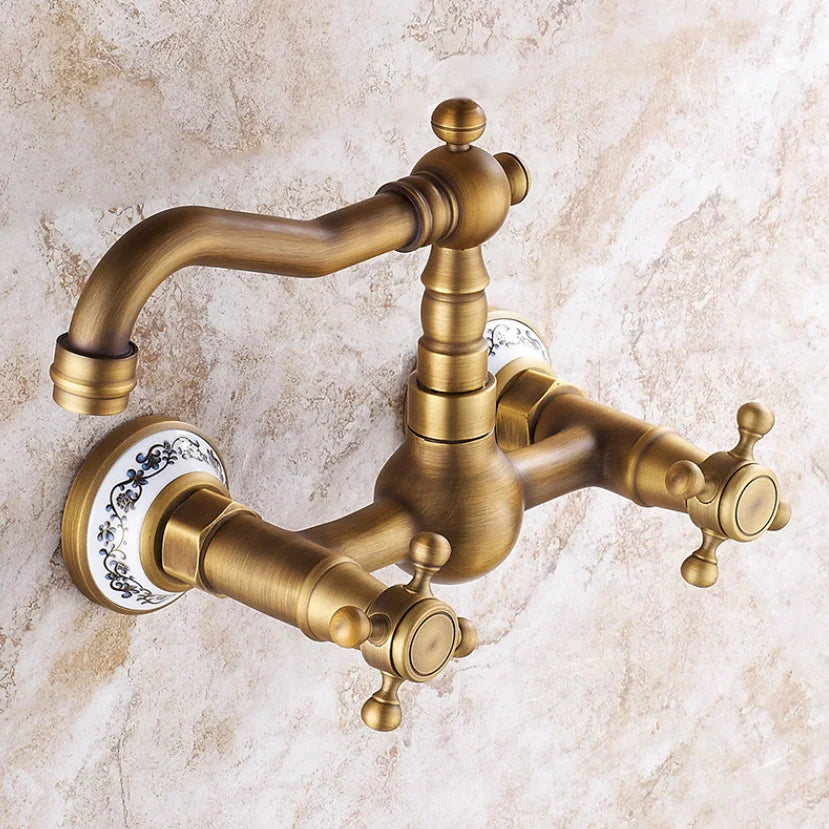 Afralia™ Brass Ceramic Wall Mount Faucet for Bathroom Washbasin - Double Handle Cold Hot Water